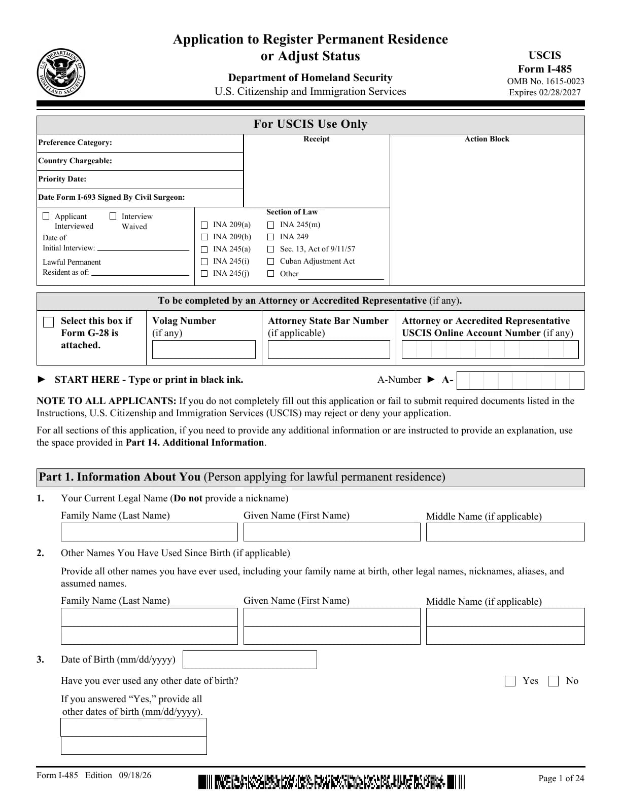 Page 1 of Form I-485, Application to Register Permanent Residence or Adjust Status, edition 09/18/26